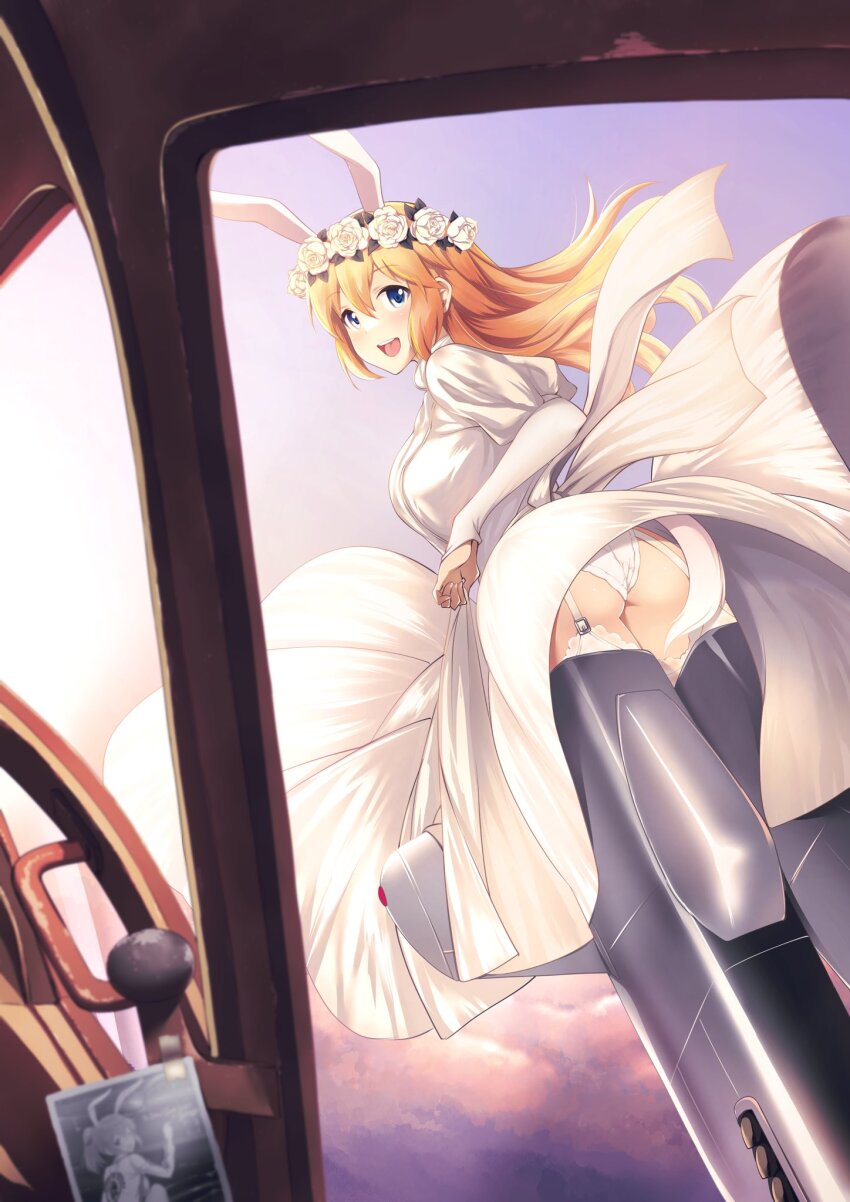 1girl a9b_(louis814) airplane_interior ass blonde_hair blue_eyes blush breasts bride charlotte_e._yeager dress flower flying garter_straps hair_flower hair_ornament highres large_breasts long_hair looking_at_viewer open_mouth panties sky smile solo strike_witches striker_unit underwear wedding_dress white_panties world_witches_series