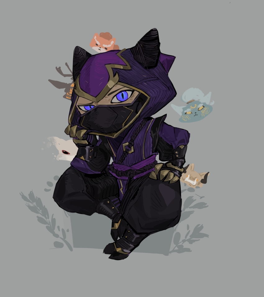 1boy black_pants ghostgrass grey_background highres hood hood_up kennen league_of_legends long_sleeves looking_at_viewer mask mouth_mask ninja ninja_mask pants purple_eyes simple_background sitting slit_pupils solo yordle