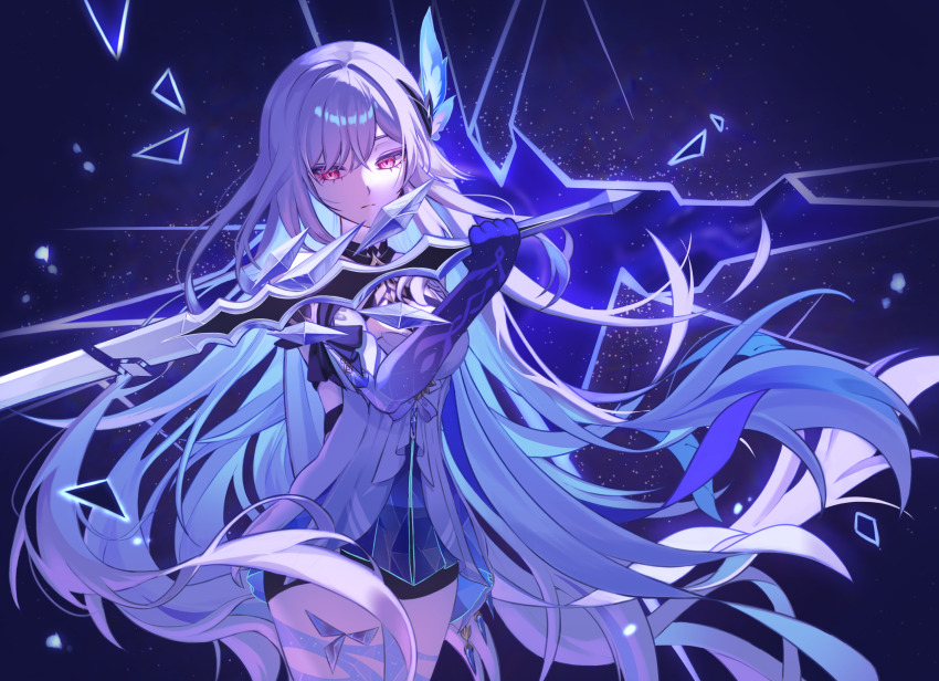 1girl bare_shoulders black_shorts blue_background blue_hair breasts broken_glass closed_mouth colored_inner_hair cowboy_shot dress feather_hair_ornament feathers floating_hair genshin_impact glass hair_between_eyes hair_ornament hand_up highres holding holding_sword holding_weapon long_hair looking_down medium_breasts multicolored_hair prosthesis prosthetic_arm purple_hair purple_hands red_eyes short_shorts shorts simple_background skirk_(genshin_impact) sleeveless sleeveless_dress solo standing sword very_long_hair weapon white_dress yuseol_art
