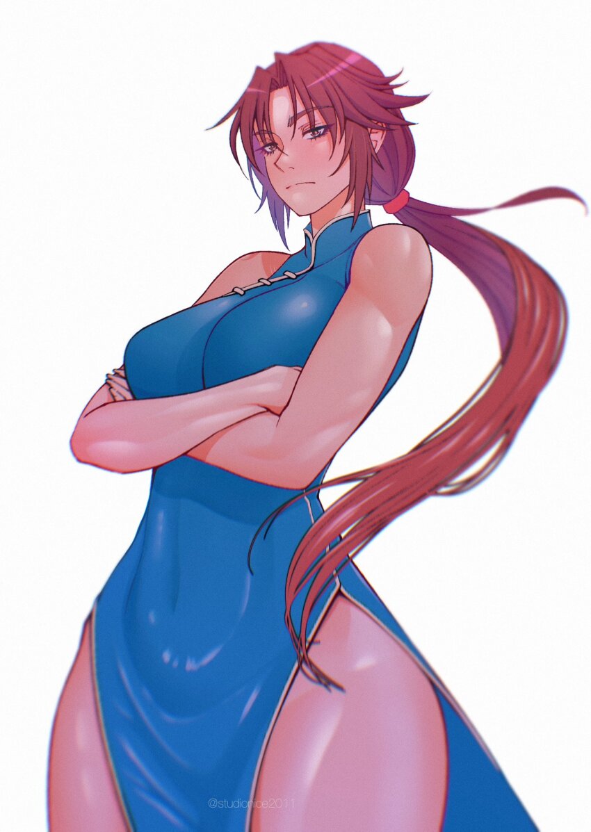 1girl arms_under_breasts bare_shoulders blue_dress blurry breasts brown_eyes brown_hair china_dress chinese_clothes collared_dress commission covered_navel crossed_arms depth_of_field dress hair_between_eyes hairband highres hong_xiu_ying large_breasts long_hair looking_at_viewer low_ponytail parted_bangs ponytail red_hairband sega serious shenmue shenmue_ii side_slit sidelocks skin_tight solo studionice2011 thighs toned twitter_username very_long_hair white_background white_trim