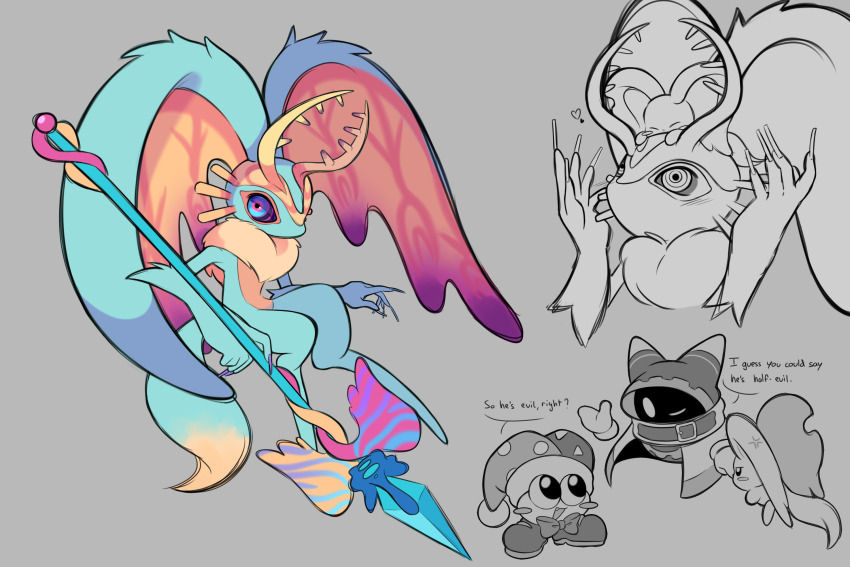 anger_vein antlers blush_stickers bow bowtie elfilin fafameow fecto_elfilis grey_background hat heart highres holding holding_staff horns jester_cap kirby_(series) kirby_and_the_forgotten_land looking_at_another magolor marx_(kirby) multicolored_eyes nintendo notched_ear rayman_limbs simple_background staff