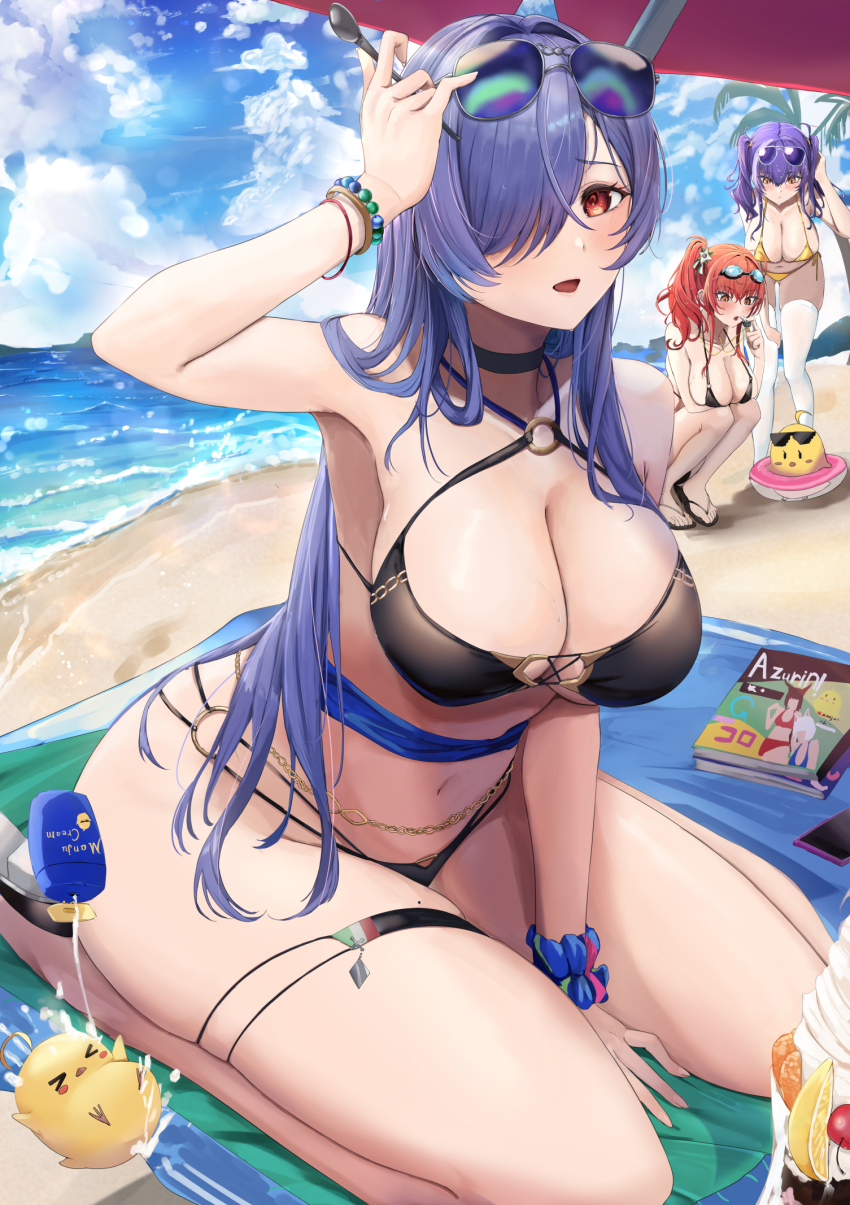 3girls azur_lane beach beach_mat bikini black_bikini blue_hair blue_sky breasts cafenami cloud cloudy_sky commentary_request day eyewear_on_head hair_over_one_eye highres long_hair lotion magazine_(object) manjuu_(azur_lane) multiple_girls o-ring o-ring_bikini ocean official_alternate_costume open_mouth pola_(azur_lane) pola_(seaside_coincidence)_(azur_lane) purple_hair red_hair revision seiza side_ponytail sitting sky solo_focus standing sunscreen swimsuit thick_thighs thigh_strap thighhighs thighs trento_(azur_lane) trento_(summer&#039;s_hotness?)_(azur_lane) white_thighhighs yellow_bikini zara_(azur_lane) zara_(poolside_coincidence)_(azur_lane)