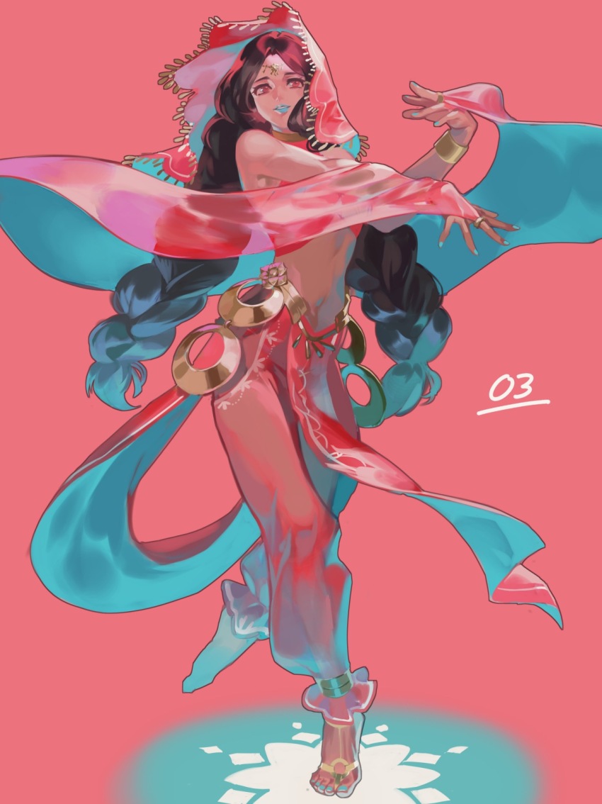 1girl anklet aqua_lips aqua_nails aruk bangle bare_shoulders barefoot black_hair bracelet braid bridal_gauntlets circlet commentary_request dancer dancing foot_tattoo halterneck hands_up harem_outfit harem_pants highres hoop jewelry limited_palette lipstick loincloth looking_at_viewer makeup midriff nail_polish navel neck_ring original outstretched_arms pants parted_lips pink_background pink_eyes pink_pants pink_theme pink_veil plantar_flexion red_eyes ribbon ring see-through_clothes smile solo standing standing_on_one_leg strapless toenail_polish toenails toned twin_braids twintails two-sided_fabric veil