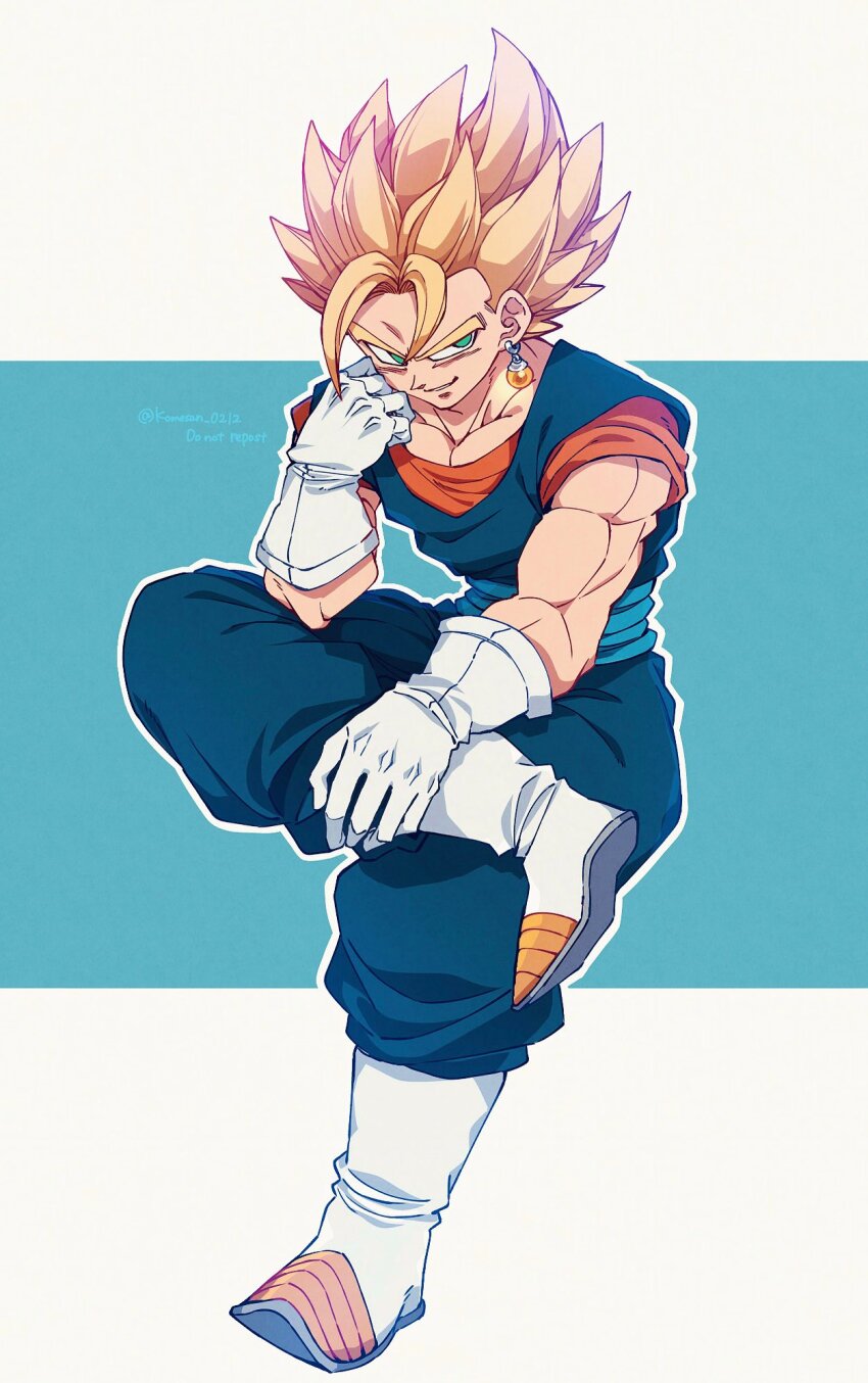 1boy blonde_hair blue_background blue_pants blue_sash blue_shirt boots dougi dragon_ball dragonball_z earrings full_body gloves highres invisible_chair jewelry komesan_0212 medium_hair muscular muscular_male orange_shirt pants potara_earrings sash shirt simple_background sitting solo spiked_hair super_saiyan super_saiyan_1 vegetto white_background white_boots white_gloves