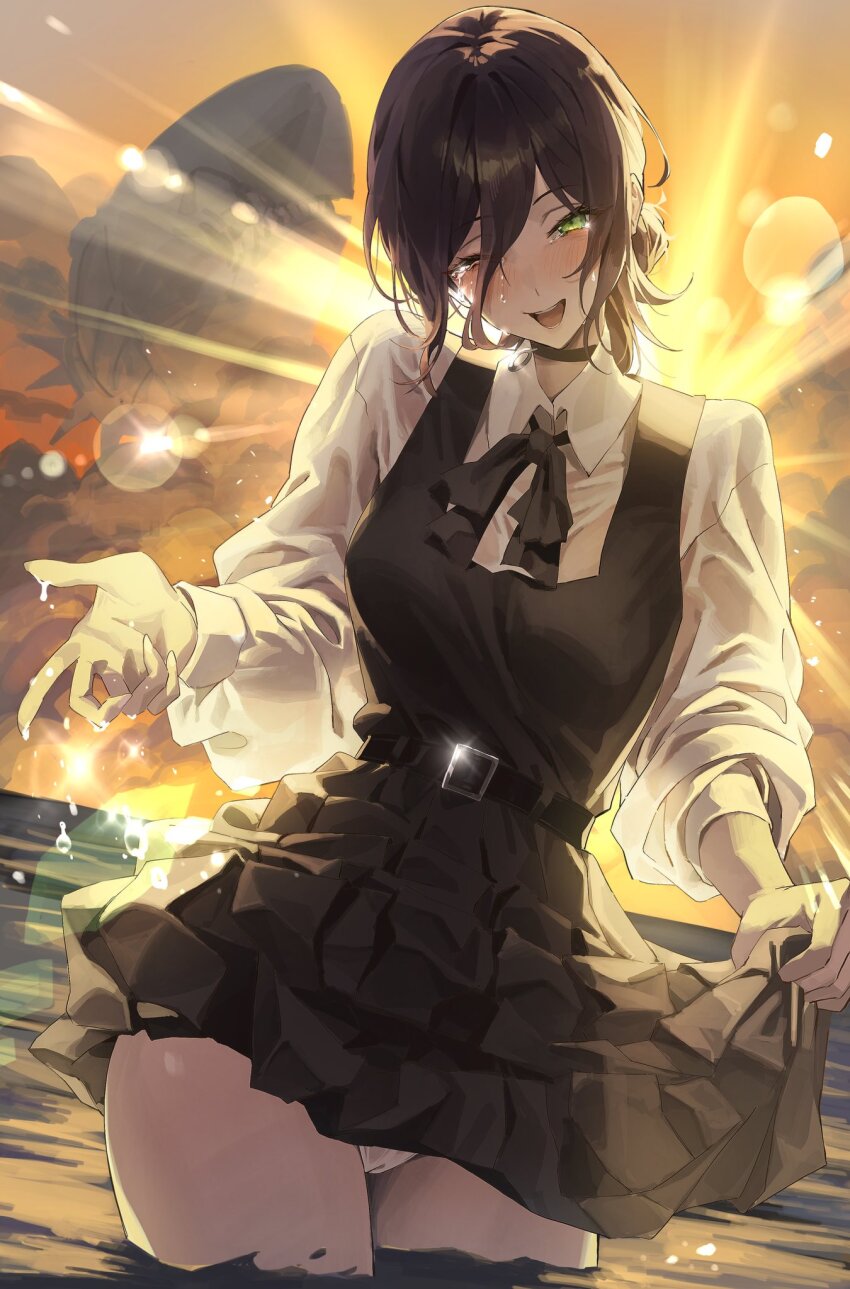 1girl belt cameltoe chainsaw_man clothes_lift green_eyes highres lifting_own_clothes netural panties pantyshot reze_(chainsaw_man) skirt sunlight underwear water