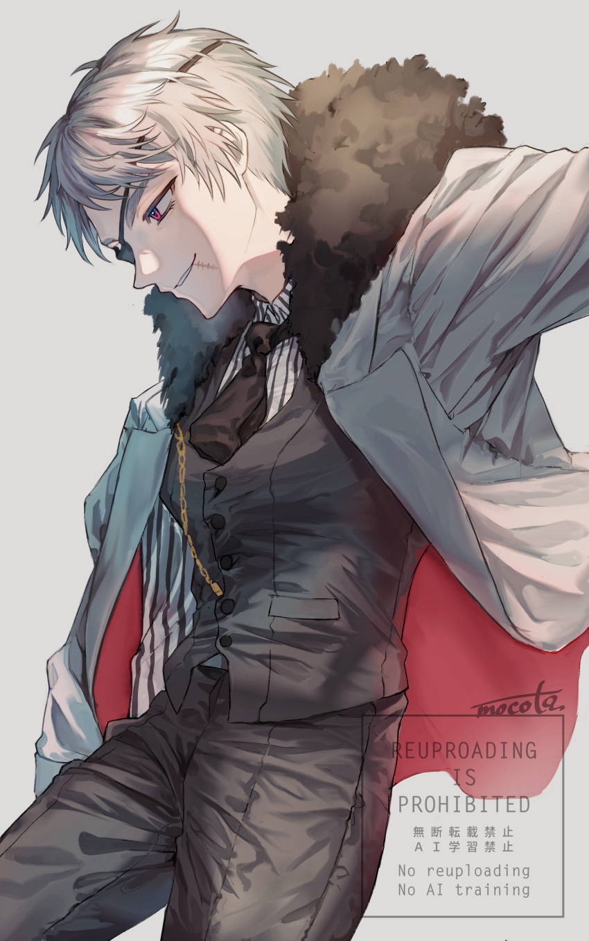 1boy absurdres artist_name axis_powers_hetalia black_necktie black_pants black_vest buttons chain collared_shirt commentary_request cowboy_shot eyepatch floating_clothes formal_clothes fur-trimmed_jacket fur_trim gold_chain grey_background grey_hair highres jacket lapels long_sleeves looking_to_the_side male_focus mocota_0207 necktie official_alternate_costume open_clothes open_jacket pants prussia_(hetalia) purple_eyes red_jacket scar scar_on_face shirt short_hair simple_background smile solo standing striped_clothes striped_shirt suit suit_jacket teeth two-sided_fabric two-sided_jacket v-shaped_eyebrows vertical-striped_clothes vertical-striped_shirt vest watermark white_jacket white_shirt