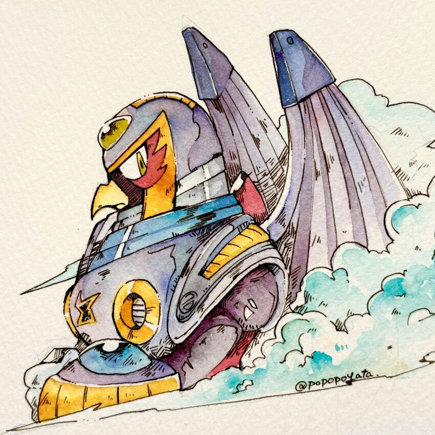 1boy armor beak bird blue_gemstone capcom cloud cropped_torso eagle forehead_jewel from_side gem gloves green_gemstone highres looking_to_the_side mechanical_wings mega_man_(series) mega_man_x1 mega_man_x_(series) metal_wings non-humanoid_robot popopoyata purple_armor robot robot_animal storm_eagle_(mega_man) white_gloves wings