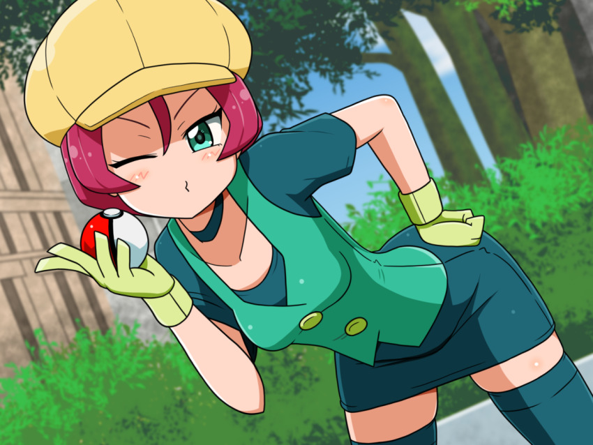 1girl aqua_eyes aqua_vest blowing_kiss blurry blurry_background breasts cabbie_hat choker day game_freak georgia_(pokemon) gloves hair_between_eyes hand_on_own_hip hat holding holding_poke_ball leaning_forward looking_at_viewer miniskirt mori_hayaki nintendo one_eye_closed outdoors poke_ball pokemon pokemon_(anime) pokemon_bw_(anime) puckered_lips red_hair short_hair skirt small_breasts solo thighhighs wink yellow_gloves yellow_hat zettai_ryouiki