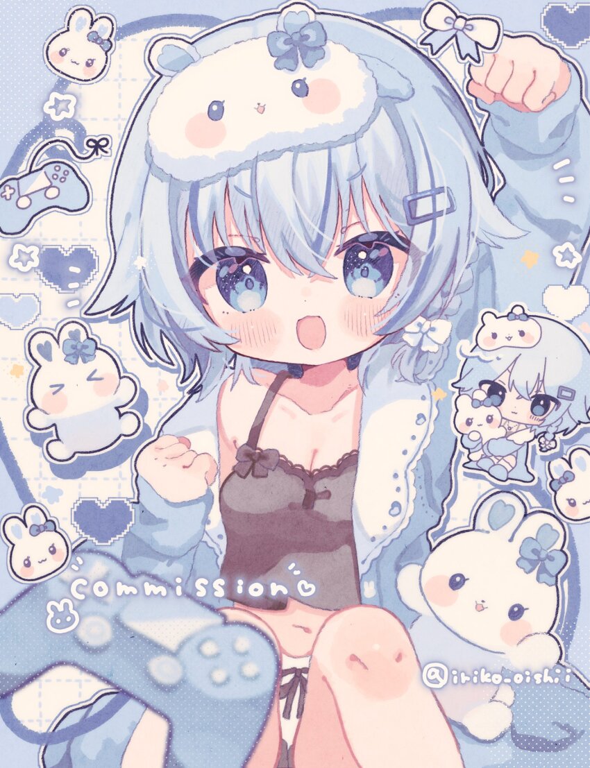1girl :d arm_up black_camisole blue_hair blue_jacket blush bow braid breasts camisole character_request chibi chibi_inset cleavage clenched_hands collarbone commentary commission controller copyright_request feet_out_of_frame game_controller grid_background hair_bow heart highres jacket kamizakana_iriko knees_up long_sleeves looking_at_viewer midriff navel open_clothes open_jacket open_mouth rabbit short_hair single_bare_shoulder single_braid sitting skeb_commission sleep_mask smile twitter_username v-shaped_eyebrows white_background white_bow