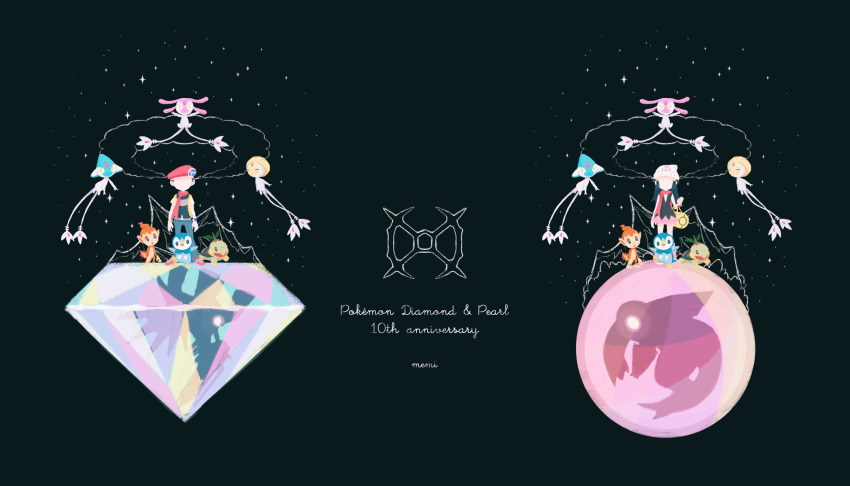 1boy 1girl anniversary azelf bag black_hair black_shirt blue_pants chimchar copyright_name dawn_(pokemon) dialga diamond_(gemstone) gem gen_4_pokemon hat highres legendary_pokemon lucas_(pokemon) memi_(gamemix) mesprit nintendo palkia pants pearl_(gemstone) pink_skirt piplup pokemon pokemon_(creature) pokemon_dppt red_hat red_scarf scarf shirt signature skirt standing turtwig uxie white_hat