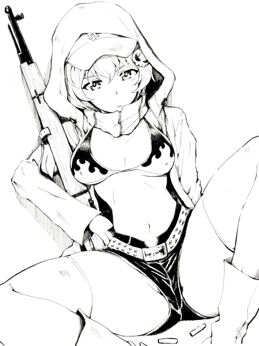 1girl belt bikini bikini_top_only breasts cleavage collarbone cosplay covered_erect_nipples girls_und_panzer gun highres holding holding_weapon hood hood_up jacket large_breasts looking_at_viewer midriff monochrome navel open_clothes rifle sawamin short_shorts shorts simple_background sitting solo spread_legs stomach swimsuit tengen_toppa_gurren_lagann thighhighs thighs weapon white_background yoko_littner yoko_littner_(cosplay) youko_(girls_und_panzer)
