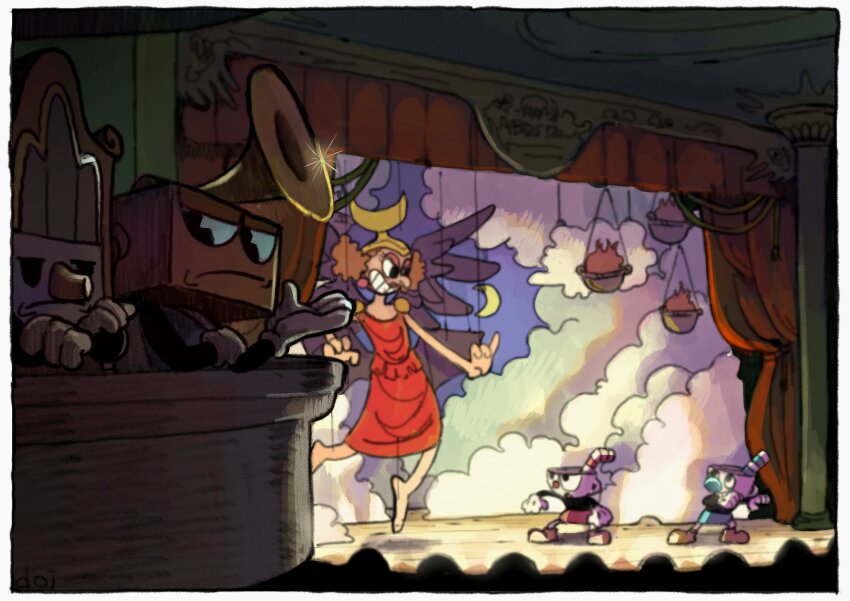 1930s_(style) 1girl 4boys absurdres audience barefoot black_shirt blonde_hair boss_fight brown_footwear cardboard_cutout clenched_teeth commentary crossed_arms cup cuphead cuphead_(game) doi_m2000 dress drinking_straw fighting gloves grin highres indoors looking_at_another looking_down mugman multiple_boys phonograph puppet_strings radio red_dress red_shorts sally_stageplay shirt shoes shorts size_difference sky smile standing teeth theater theatre_(medium) white_gloves