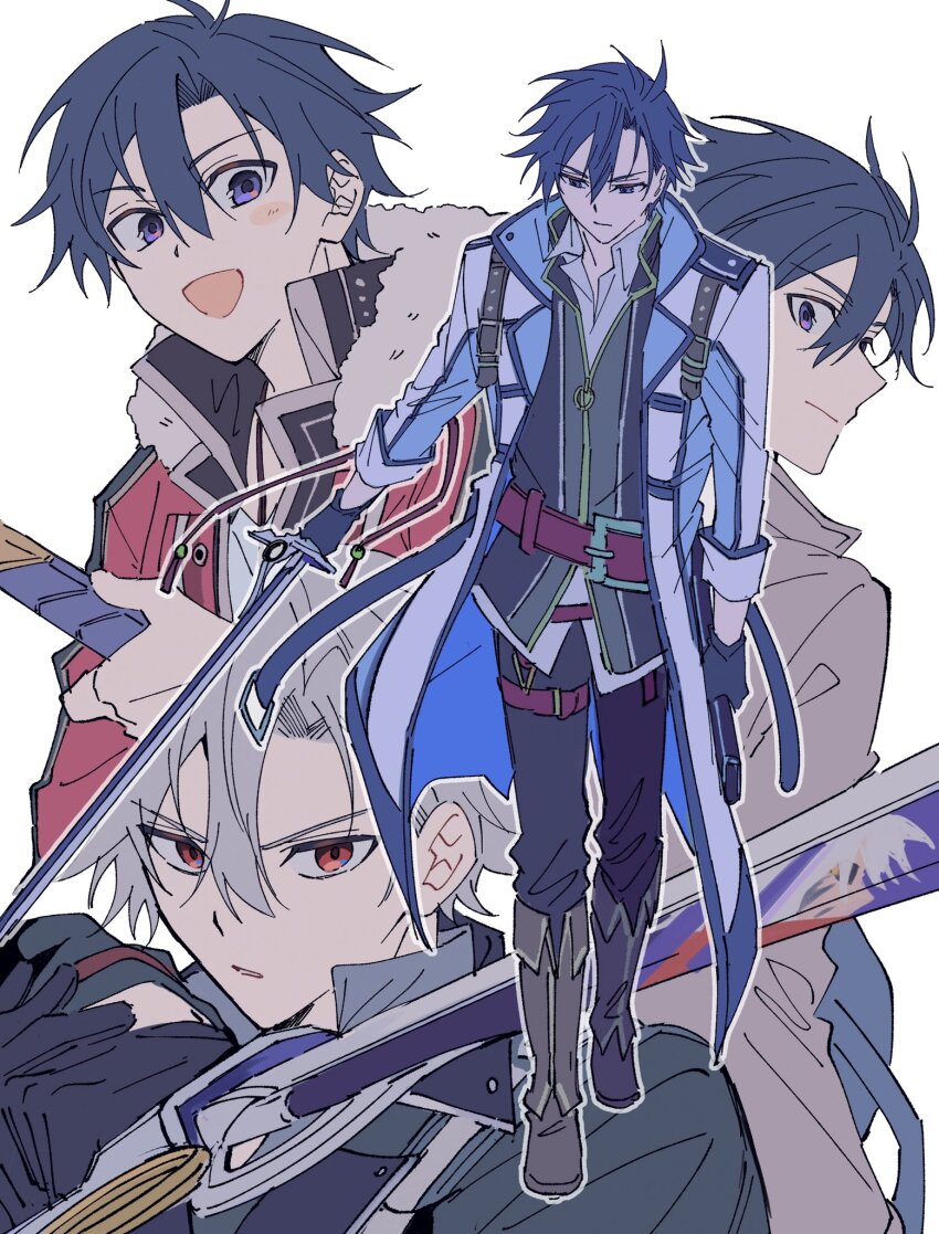 1boy ahoge black_hair boots coat double-parted_bangs eiyuu_densetsu full_body fur_collar fur_trim hair_between_eyes highres holding holding_sword holding_weapon kai_no_kiseki kuro_no_kiseki_(series) looking_at_viewer male_focus open_clothes open_coat open_mouth pommel_tassel purple_eyes rean_schwarzer red_eyes sen_no_kiseki sen_no_kiseki_(series) sen_no_kiseki_i sen_no_kiseki_ii sen_no_kiseki_iii sen_no_kiseki_iv simple_background smile solo sword tassel toramaru_(696anna) weapon white_background white_hair
