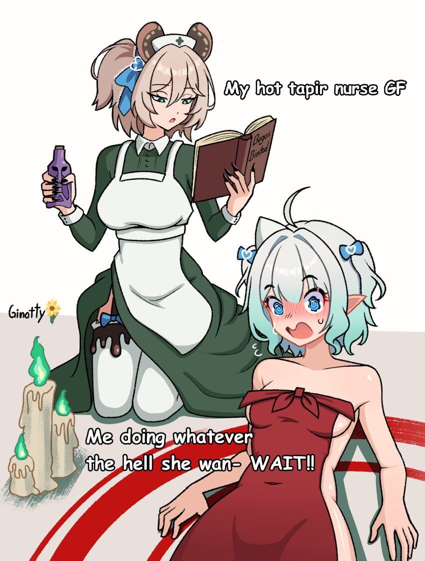 2girls animal_ears apron blush book brown_hair candle dress ginotty gradient_hair green_dress green_eyes green_hair hair_ornament hat highres holding holding_book holding_potion indie_virtual_youtuber maid_headdress medium_hair meme mint_fantome multicolored_hair multiple_girls my_hot_witch_wife_(meme) naked_apron nimi_nightmare nurse_cap one_side_up open_mouth ritual simple_background tapir_ears tapir_girl thighhighs virtual_youtuber white_apron white_background white_hair