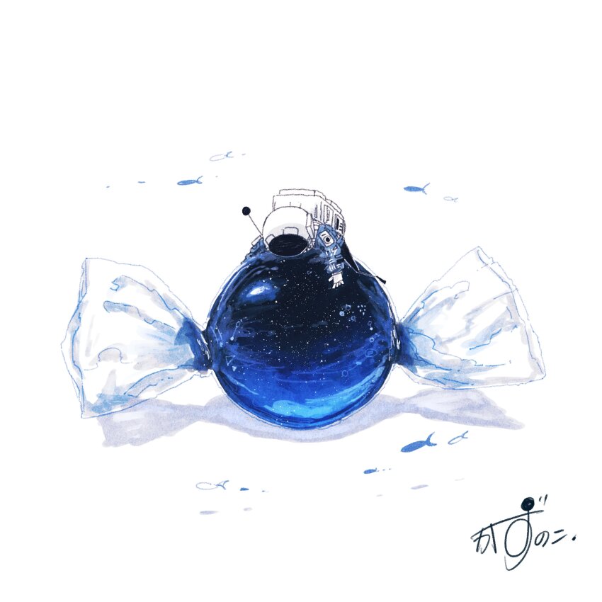 1other absurdres artist_name blue_jacket candy_wrapper commentary constellation fish flying_fish gloves helmet highres jacket kazunoko_(kazunoko_zunoco) mini_person night night_sky original radio_antenna shadow signature simple_background sky solo space_helmet star_(sky) starry_sky white_background white_gloves