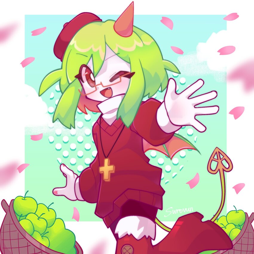 1girl apple basket beret black_shorts boots border colored_skin cross cross_necklace demon_girl demon_horns demon_tail demon_wings falling_petals fang food fruit funamusea fur-trimmed_boots fur_trim glasses green_apple haiiro_teien hand_up hat highres horns jewelry necklace one_eye_closed open_mouth petals pink_nails pink_petals red-framed_eyewear red_boots red_hat red_sweater semi-rimless_eyewear short_hair shorts sidelocks single_horn smile solo surovuii sweater tail white_border white_skin wings yosafire_(funamusea)