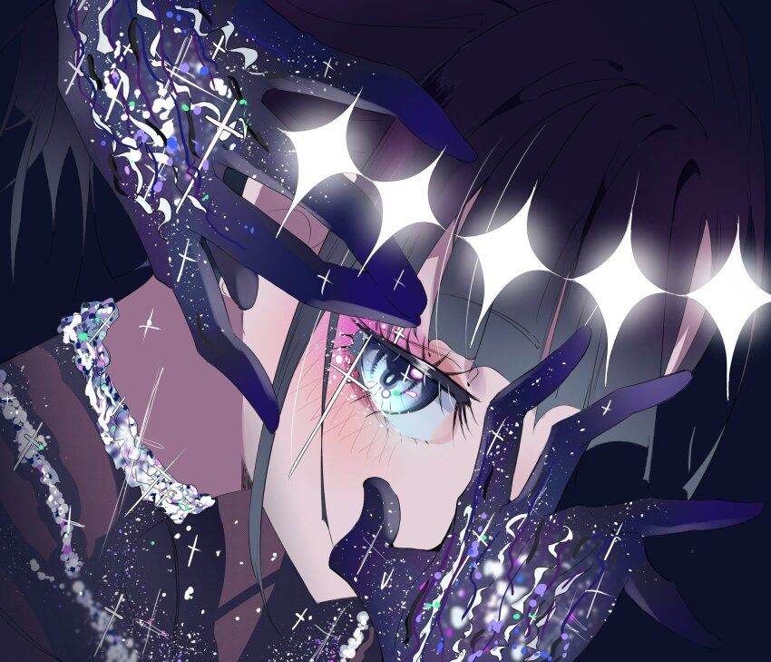 1girl black_gloves black_hair close-up eye_focus eyeshadow figure_skating_dress gloves hands_on_own_face highres makeup medalist_(manga) okazaki_iruka phare_(spring_ha1ru) solo sparkling_eyes