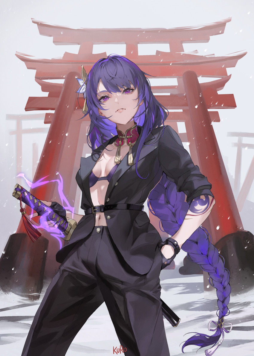 1girl absurdres alternate_costume artist_name black_gloves black_jacket black_pants bra braid cowboy_shot fingerless_gloves fingernails genshin_impact gloves hair_between_eyes hair_ornament hand_in_pocket highres holding holding_sword holding_weapon jacket kamui_(kurohshiro1) long_hair looking_ahead mole mole_under_eye nail_polish navel open_clothes open_jacket pants parted_lips purple_bra purple_eyes purple_hair raiden_shogun shrine sidelocks solo sword underwear weapon