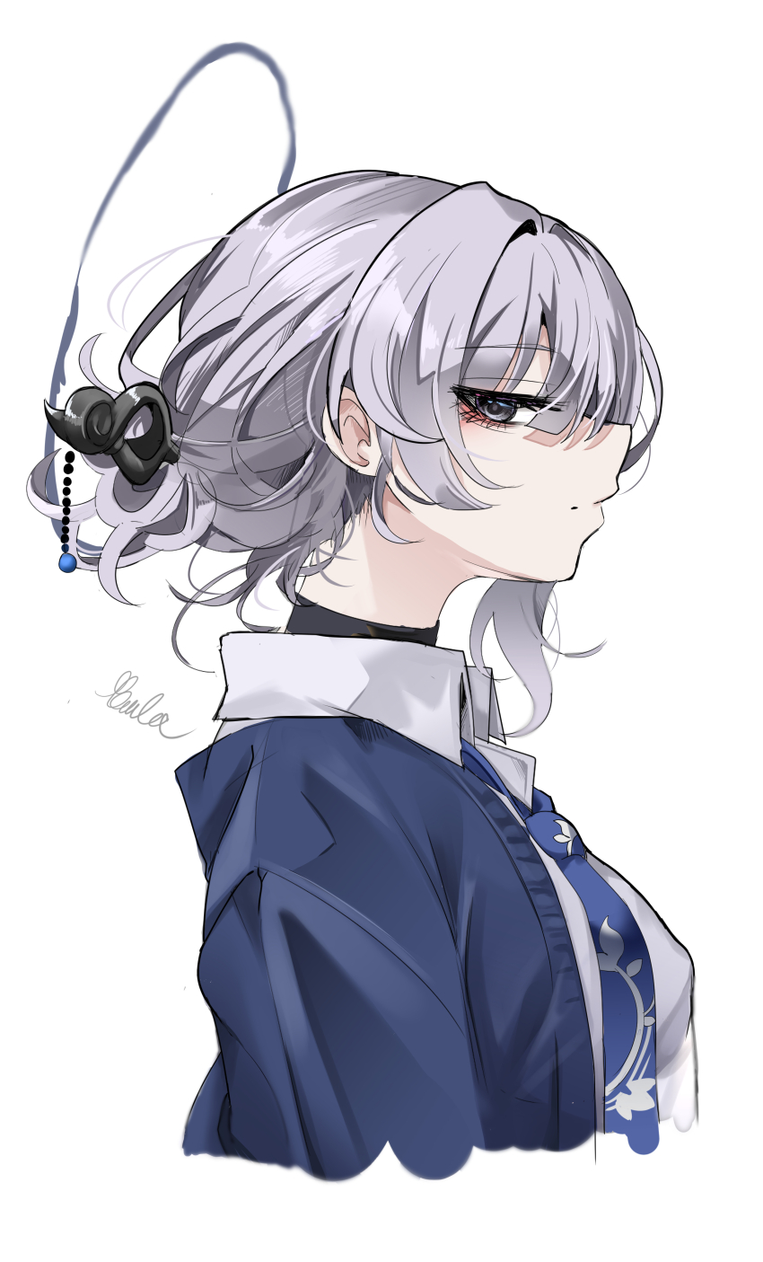 1girl absurdres black_choker black_halo blue_eyes blue_necktie choker closed_mouth collared_shirt commentary_request from_side grey_hair hair_ornament halo highres itokonoue_kaoru korean_commentary long_hair looking_at_viewer necktie patpang profile project_kv revision school_uniform shirt solo upper_body white_shirt