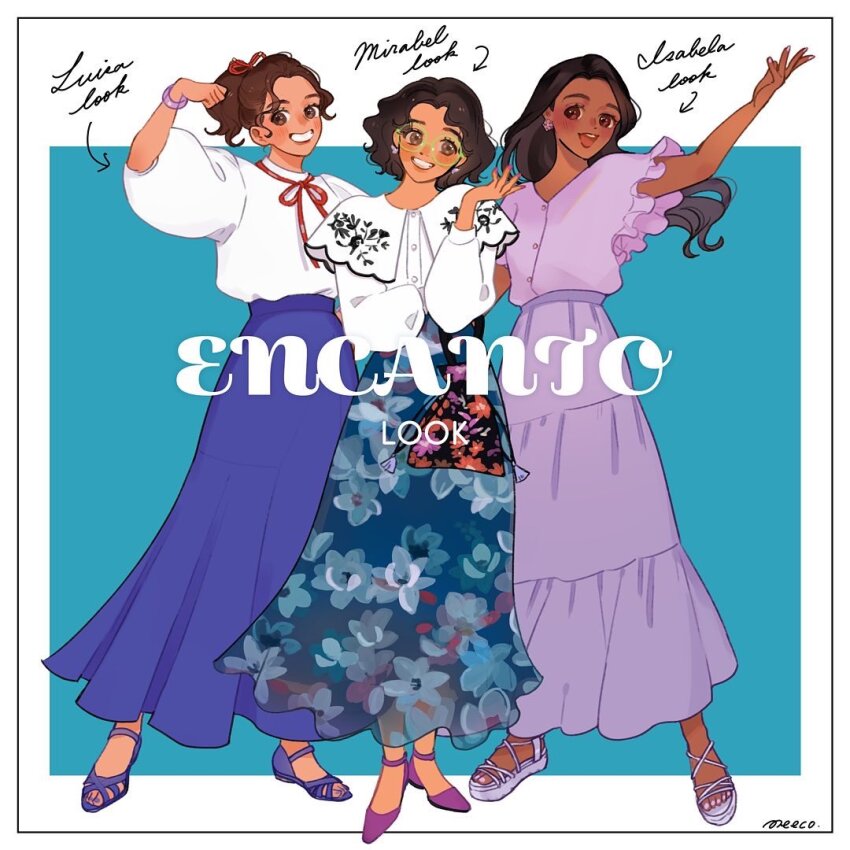 3girls alternate_costume brown_eyes brown_hair contemporary curly_hair dark-skinned_female dark_skin dress earrings encanto glasses isabela_madrigal jewelry luisa_madrigal meecosme mirabel_madrigal multiple_girls shirt short_hair simple_background skirt smile