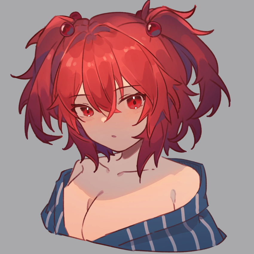 1girl alternate_costume blush breasts cleavage collarbone commentary grey_background hair_between_eyes hair_bobbles hair_ornament highres hinataku1222 large_breasts looking_at_viewer onozuka_komachi open_mouth red_eyes red_hair short_hair simple_background solo striped_clothes touhou two_side_up upper_body vertical-striped_clothes