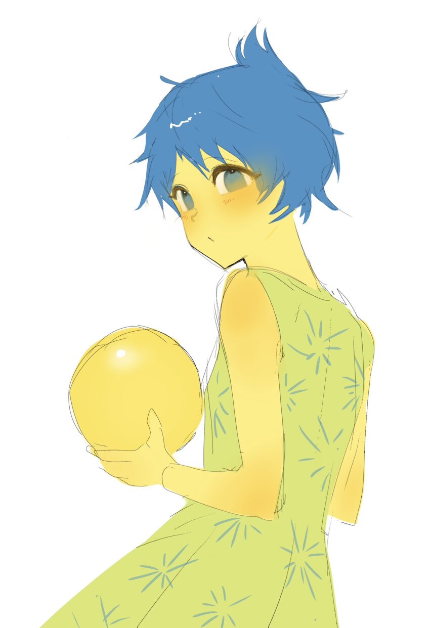 1girl 2024 blue_hair blush colored_skin disney dress female_focus highres inside_out inside_out_2 joy_(inside_out) looking_at_viewer looking_back pixar qqwersksk short_hair solo solo_focus tagme yellow_skin