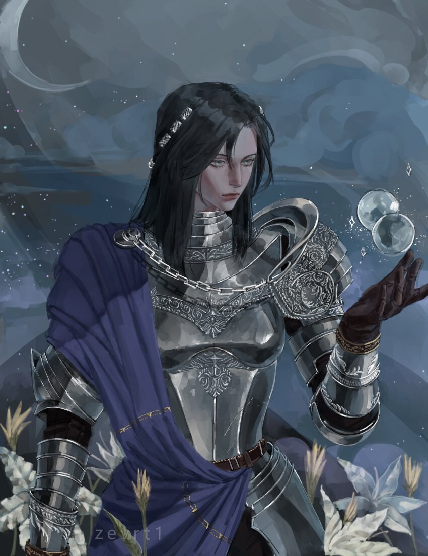1girl absurdres armor belt black_hair blue_eyes blue_sash brown_gloves chain cloud crescent_moon elden_ring elden_ring:_shadow_of_the_erdtree floating floating_object flower full_armor gloves hair_ornament highres hill knight lipgloss long_hair looking_at_hand mature_female moon night night_sky orb pauldrons red_lips rennala_queen_of_the_full_moon sash shoulder_armor single_glove single_pauldron sky solo star_(sky) striped_sash white_flower yellow_stripes zevranstits