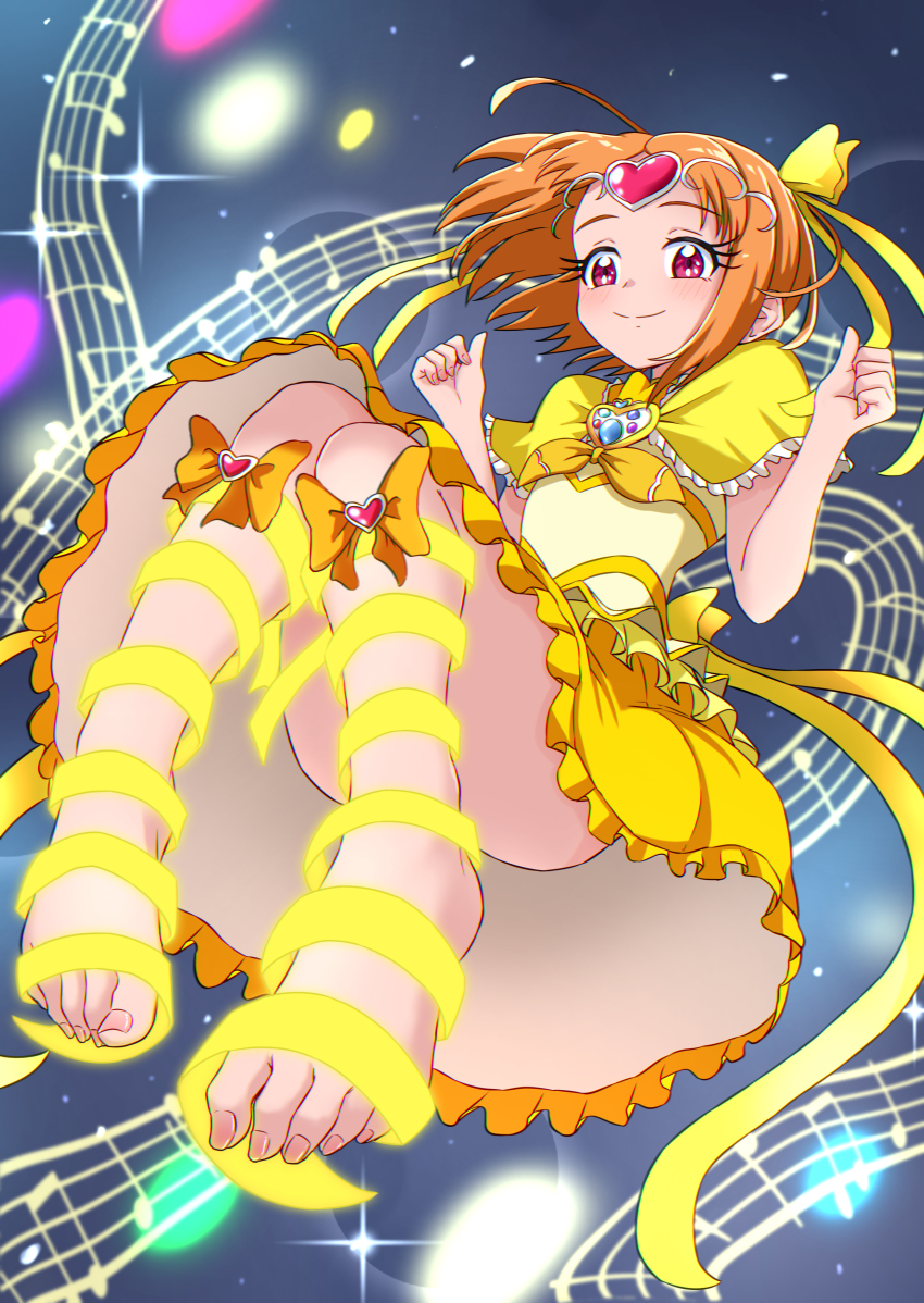 1girl absurdres bow brooch bubble_skirt choker circlet cure_muse_(yellow) frills grey_background hair_ribbon hakuino_hakase heart henshin highres jewelry magical_girl musical_note orange_choker orange_hair precure red_eyes ribbon short_hair skirt smile star_(symbol) suite_precure yellow_bow yellow_choker yellow_skirt yellow_theme