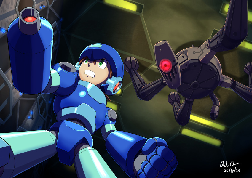1boy absurdres android arm_cannon armor blue_armor brown_hair clenched_hand clenched_teeth commentary dated dungeon english_commentary from_below glint green_eyes highres indoors innovator123 legs_apart male_focus mega_man_(series) mega_man_legends mega_man_legends_(series) mega_man_volnutt red_eyes robot shadow signature solo standing teeth weapon