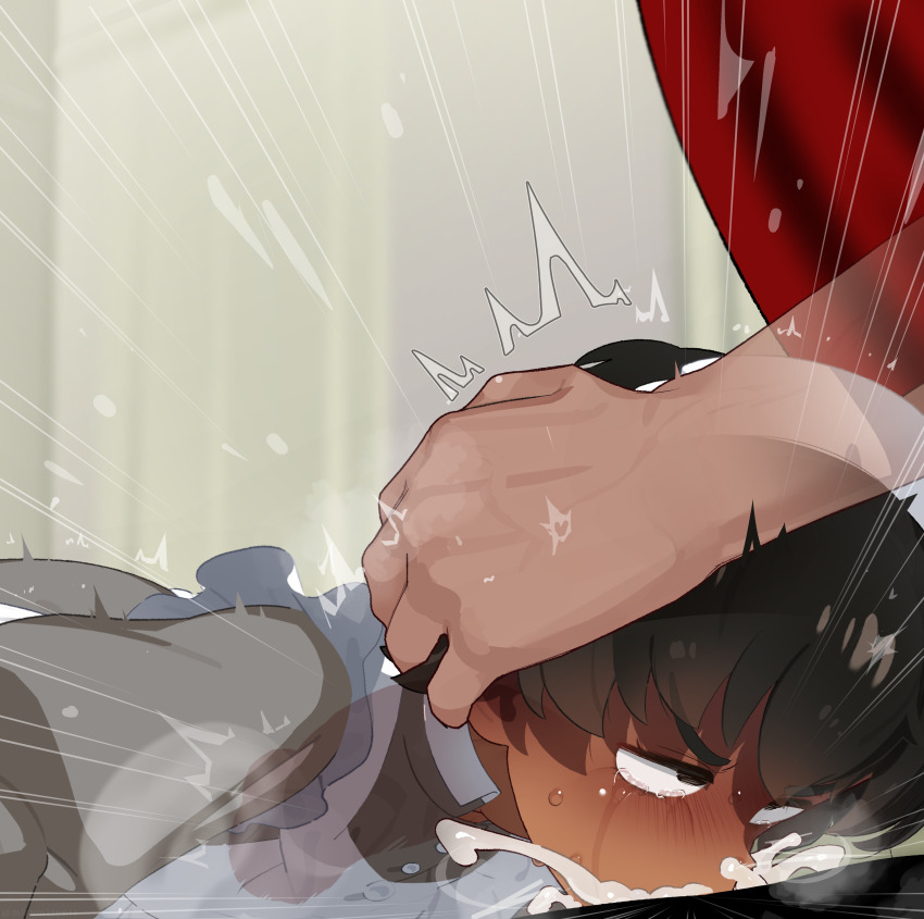 1boy 1girl absurdres black_hair commentary commentary_request cum cum_overflow dark-skinned_female dark_skin english_commentary fellatio gundam gundam_gquuuuuux hetero highres irrumatio maid maid_headdress mixed-language_commentary mizumizuni oral penis short_hair vani_(gundam)