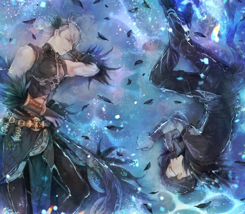 2boys abs absurdres aladdin_(sinoalice) belt black_feathers black_hair blonde_hair bridal_gauntlets chromatic_aberration closed_mouth clothing_cutout commission feather_hair_ornament feather_trim feathered_collar feathers glasses gloves goth_fashion hair_ornament hair_slicked_back hairband hameln_(sinoalice) highres implied_yaoi kino_cozi looking_at_another male_focus multiple_boys navel_cutout parted_lips shirt short_hair sinoalice skeb_commission sleeping teeth upside-down water white_gloves