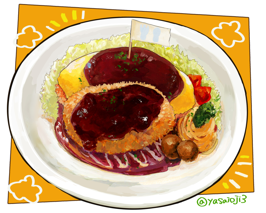 absurdres cabbage flower_symbol food food_focus gravy highres katsu_(food) meatball mini_flag notice_lines omelet omurice original outside_border pasta plate spaghetti still_life tomato yasaioji3 yellow_background