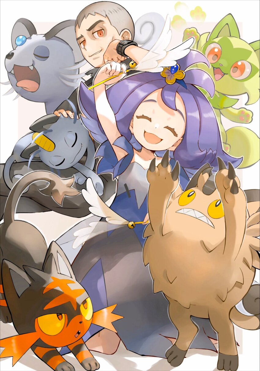 1boy 1girl :d acerola_(pokemon) alolan_form alolan_meowth alolan_persian black_fur brown_fur cat claws closed_eyes colored_sclera eyelashes fangs forehead_jewel galarian_form galarian_meowth gen_7_pokemon gen_8_pokemon green_fur grey_hair highres litten medium_hair nanu_(pokemon) nintendo open_mouth orange_eyes orange_mikan parted_lips pawpads pokemon pokemon_(creature) pokemon_sm purple_hair red_eyes sharp_teeth short_hair simple_background smile snout species_connection sprigatito tail teeth white_background yawning yellow_sclera
