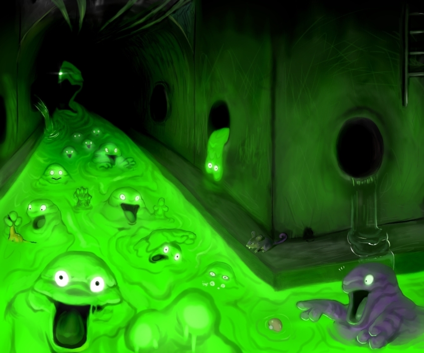 alternate_color cosmo_(465lilia) creatures_(company) game_freak gen_1_pokemon grimer indoors ladder muk nintendo no_humans pikachu poke_ball pokemon pokemon_(creature) rattata sewer shiny_pokemon