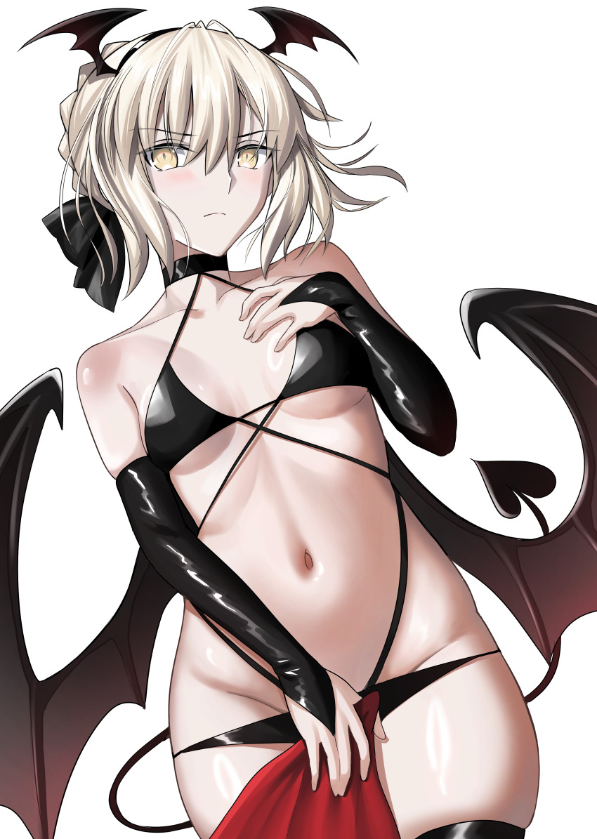 1girl absurdres alternate_costume artoria_pendragon_(fate) bikini black_bikini blonde_hair blush breasts commentary demon_tail demon_wings fake_tail fake_wings fate/stay_night fate_(series) head_wings highres longdq3008 navel saber_alter short_hair simple_background small_breasts solo stomach swimsuit tail white_background wings yellow_eyes