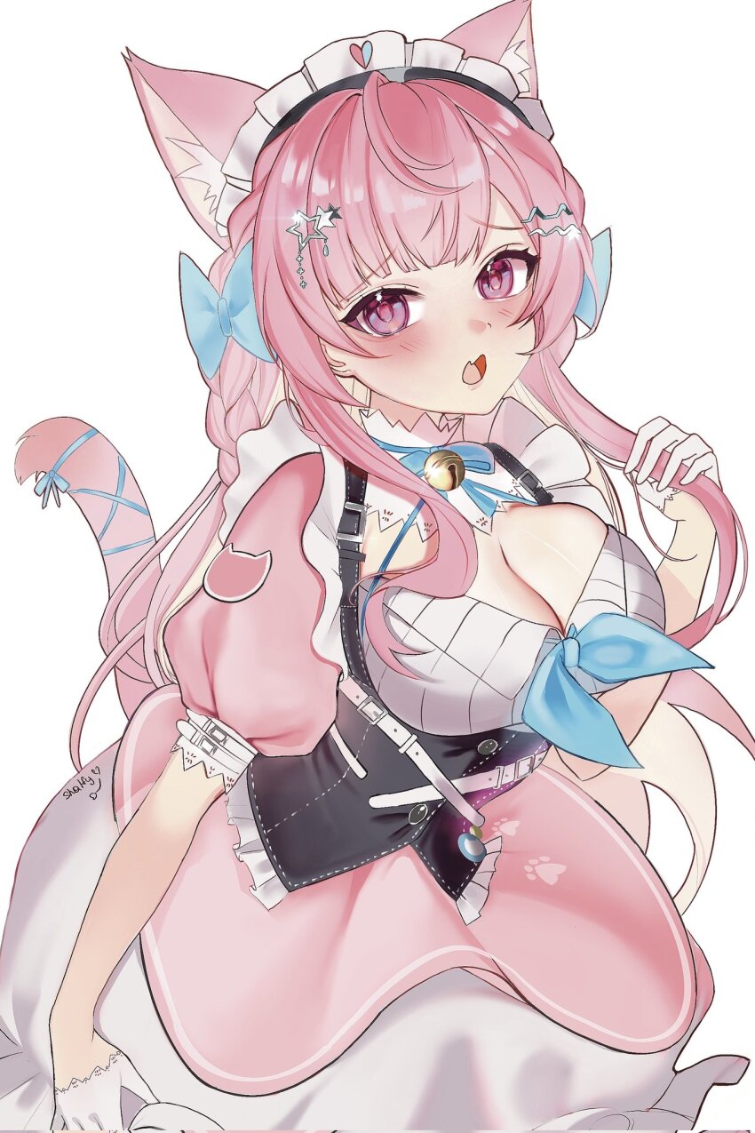 1girl animal_ears animal_print artist_name badge bell belt black_corset blue_bow blue_ribbon blush bow braid breasts button_badge cat_ears cat_girl cat_hair_ornament cat_print cat_tail cleavage commentary corset dress fang gloves hair_bow hair_ornament hairclip heart heart_print highres indie_virtual_youtuber jingle_bell large_breasts long_hair looking_at_viewer maid maid_headdress neck_bell neck_ribbon open_mouth paw_print pink_dress pink_eyes pink_hair pink_lips pink_tail ribbon shalfeychan short_sleeves simple_background skin_fang solo star_(symbol) star_hair_ornament suspenders tail tail_ornament tail_ribbon virtual_youtuber white_background white_belt white_dress white_gloves yuuki_sakuna yuuki_sakuna_(3rd_costume)