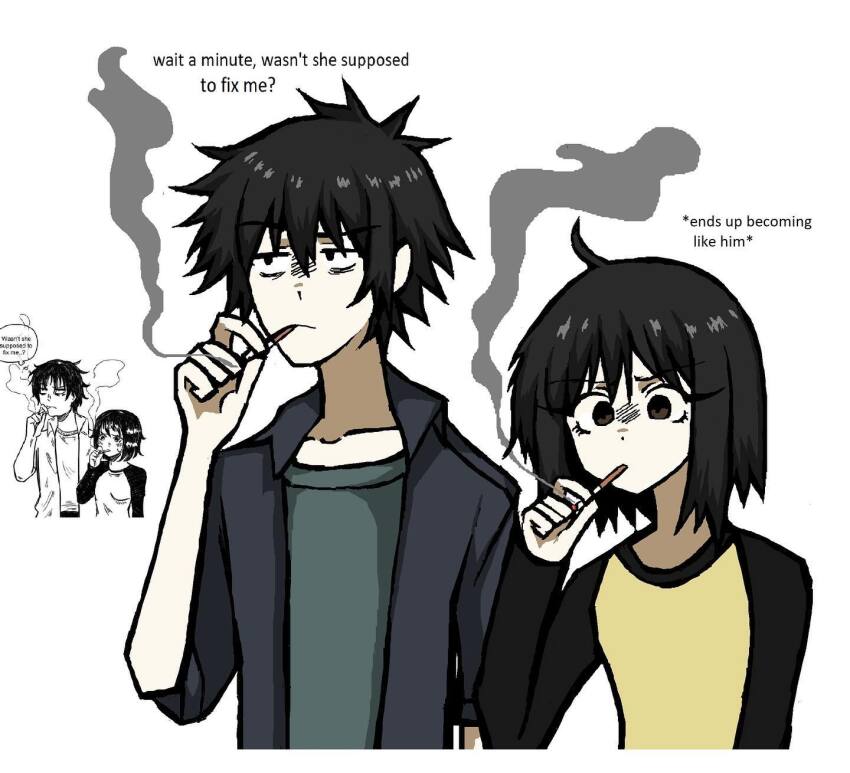 1boy 1girl black_hair black_jacket bob_cut brown_eyes cigarette commentary english_commentary english_text highres holding holding_cigarette jacket nakahara_misaki nhk_ni_youkoso! peqermint raglan_sleeves satou_tatsuhiro shirt short_hair simple_background smoke smoking two-tone_shirt white_background
