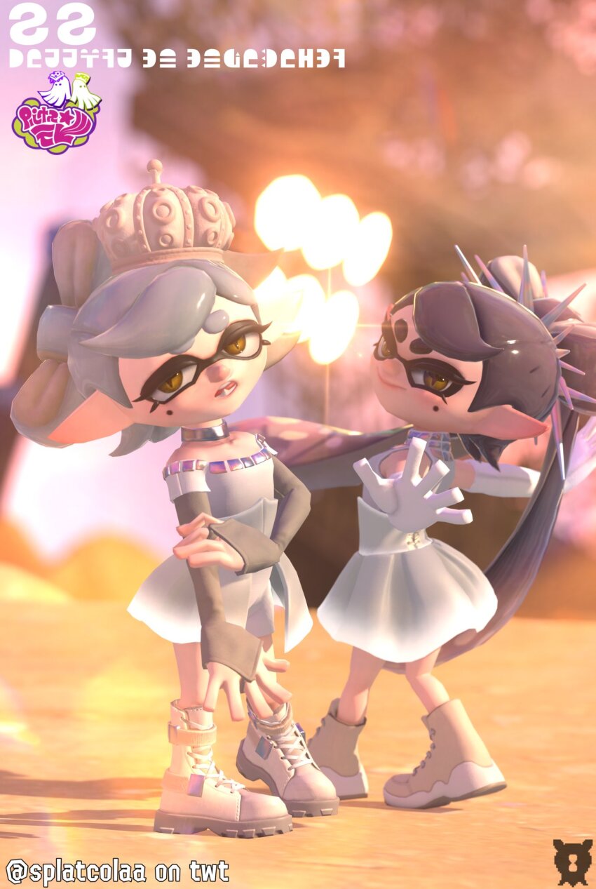 2girls beach black_choker black_hair black_sleeves blurry blurry_background boots bow-shaped_hair callie_(grand_festival)_(splatoon) callie_(splatoon) choker colored_tongue commentary_request elbow_gloves fang frilled_skirt frills full_body gloves grey_corset grey_hair hat highres holding_hands inkling long_hair looking_at_viewer marie_(grand_festival)_(splatoon) marie_(splatoon) mole mole_under_eye multicolored_hair multiple_girls nintendo off-shoulder_shirt off_shoulder official_alternate_costume okome_2g2g one_eye_closed open_mouth pointy_ears sand shirt short_hair simple_background skirt sleeveless sleeveless_shirt splatoon_(series) splatoon_3 star-shaped_pupils star_(symbol) suction_cups swept_bangs symbol-shaped_pupils tentacle_hair text_focus thick_eyebrows twintails two-tone_hair very_long_hair white_gloves white_hat white_shirt yellow_eyes