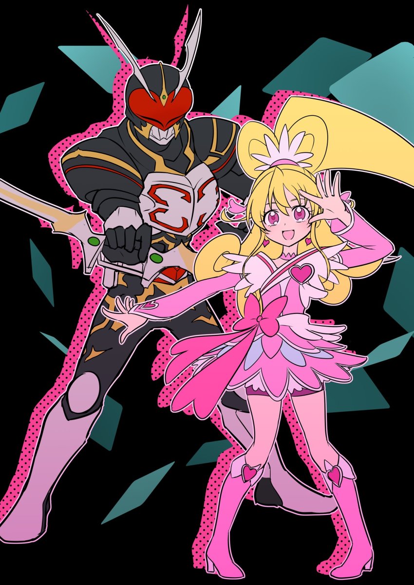 1boy 1girl aida_mana asdge23 bike_shorts bike_shorts_under_skirt blonde_hair boots bow_(weapon) brooch company_connection crossover cure_heart dokidoki!_precure dress heart heart_brooch high_ponytail highres holding holding_bow_(weapon) holding_weapon jewelry kamen_rider kamen_rider_blade_(series) kamen_rider_chalice knee_boots open_mouth pink_boots pink_dress pink_eyes pink_shorts pink_sleeves ponytail precure shorts smile weapon
