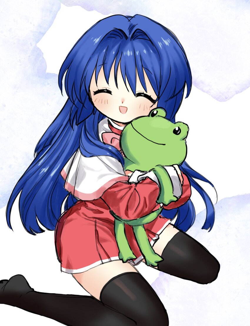 1girl blue_hair blush capelet closed_eyes dress facing_viewer frog hair_intakes highres hugging_doll hugging_object kanon keropii long_hair long_sleeves minase_nayuki open_mouth red_dress school_uniform simple_background sitting smile solo stuffed_animal stuffed_toy thighhighs wariza white_capelet xqhhbjzvm168522 zettai_ryouiki