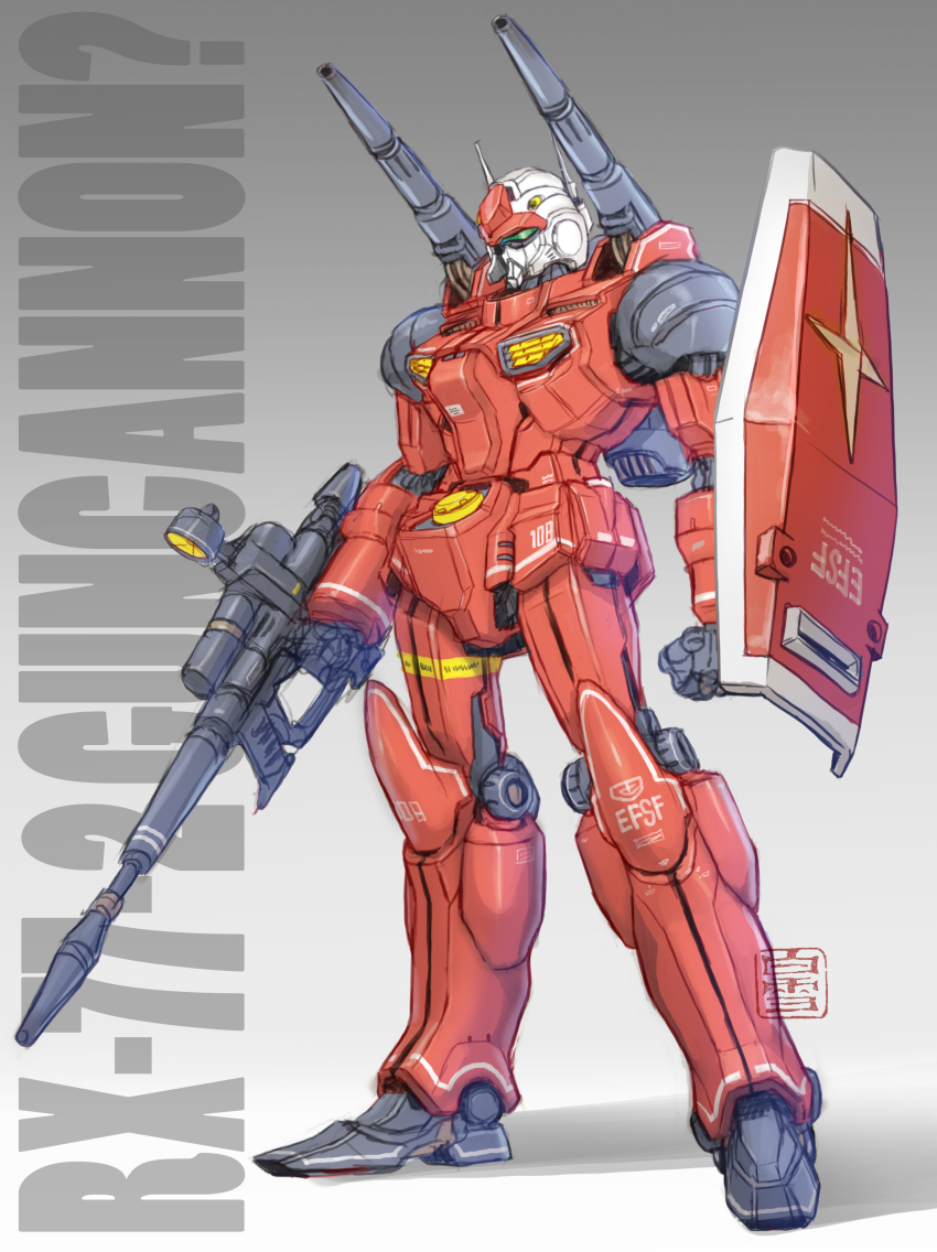absurdres beam_rifle character_name commentary_request earth_federation_space_forces emblem energy_gun gradient_background guncannon gundam highres machinery maeda_hiroyuki mecha mobile_suit mobile_suit_gundam no_humans original redesign robot roundel science_fiction shadow shield shoulder_cannon signature weapon