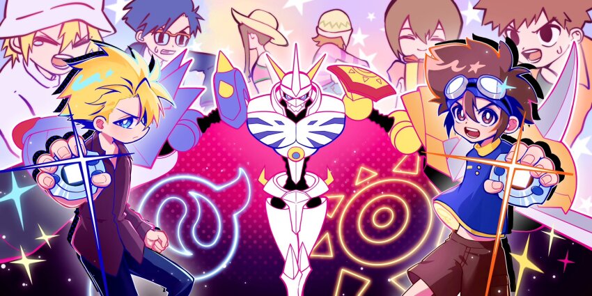 3girls 6+boys arm_blade arm_cannon armor aurola030 blonde_hair blue_eyes blue_pants blue_shirt brown_eyes brown_hair brown_shirt brown_shorts cape digimon digimon_(creature) digimon_adventure digimon_adventure:_bokura_no_war_game digimon_day digivice energy_gun glint highres holding horns ishida_yamato izumi_koshiro kido_jo male_focus medium_hair multiple_boys multiple_girls omegamon pants red_cape robot shirt short_hair shorts shoulder_armor sword tachikawa_mimi takaishi_takeru takenouchi_sora weapon yagami_hikari yagami_taichi