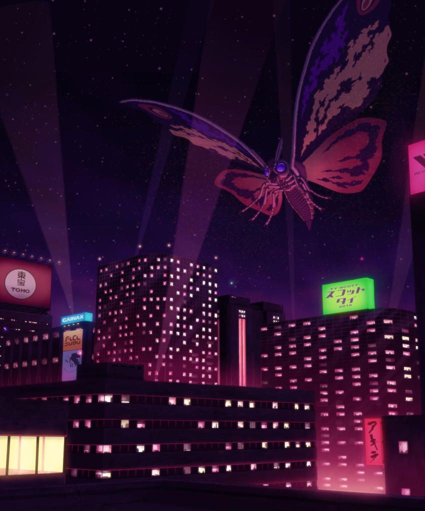 billboard bug city compound_eyes gainax godzilla,_mothra_and_king_ghidorah:_giant_monsters_all-out_attack godzilla_(series) highres insect japanese_text kaiju khara_(animation_studio) moth mothra neon_genesis_evangelion night powder rebuild_of_evangelion sky star_(sky) starry_sky stinger text_focus toho translation_request ty_scott wings