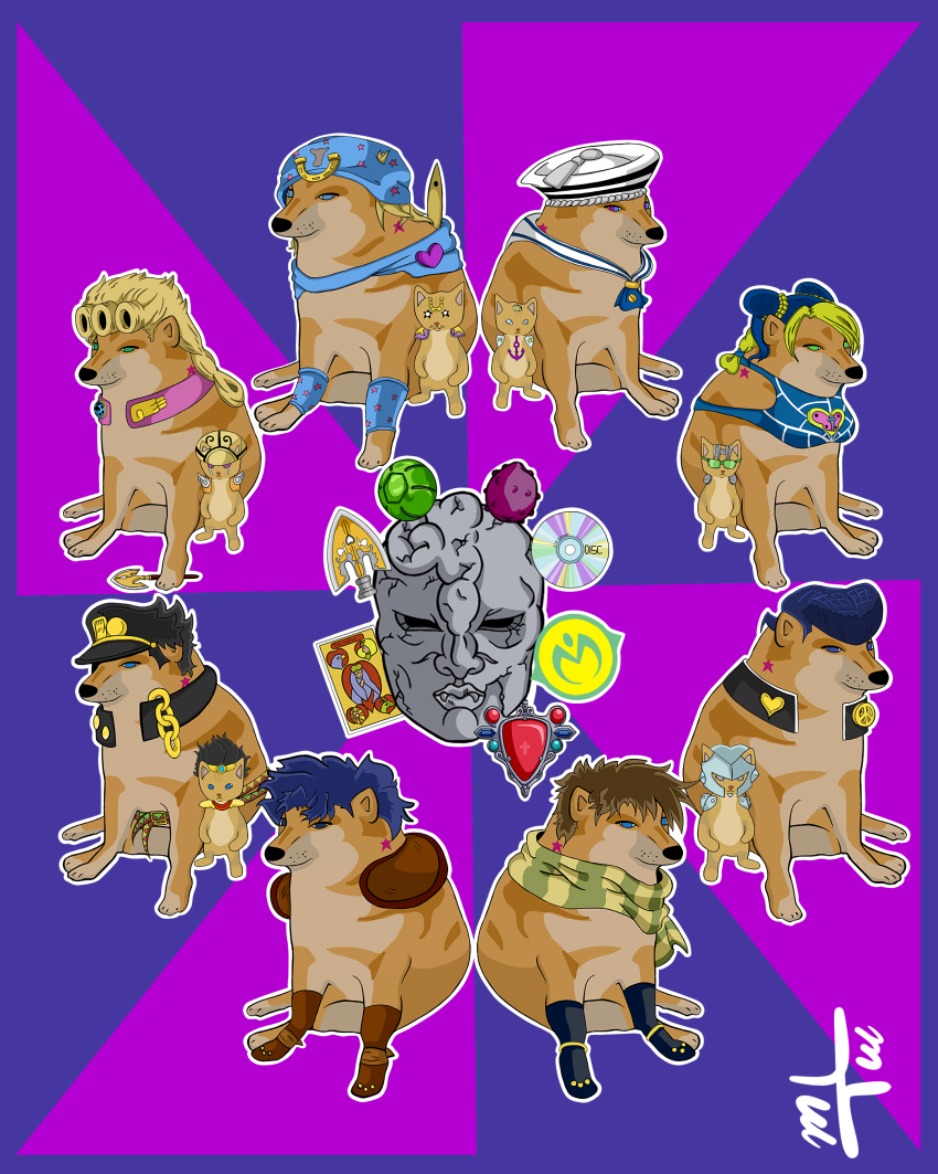 absurdres arrow_(jojo) arrow_(projectile) bandana battle_tendency belt black_gloves black_hair blonde_hair blue_eyes blue_hair braid brown_gloves brown_hair card cat chain cheemsburger_(doge) corajjex crazy_diamond diamond_wa_kudakenai dog doge double_bun giorno_giovanna gloves gold_experience green_eyes green_scarf hair_bun hat heart higashikata_josuke higashikata_josuke_(jojolion) highres horseshoe_hat_ornament horseshoe_ornament johnny_joestar jojo_no_kimyou_na_bouken jojolion jonathan_joestar joseph_joestar joseph_joestar_(young) kuujou_jolyne kuujou_joutarou looking_at_viewer multicolored_eyes multiple_belts no_humans peaked_cap phantom_blood pompadour red_stone_of_aja scarf signature soft_&amp;_wet stand_(jojo) star_platinum stardust_crusaders steel_ball_run stone_free stone_mask_(jojo) stone_ocean tarot tarot_card tusk_(stand) two-tone_background vento_aureo