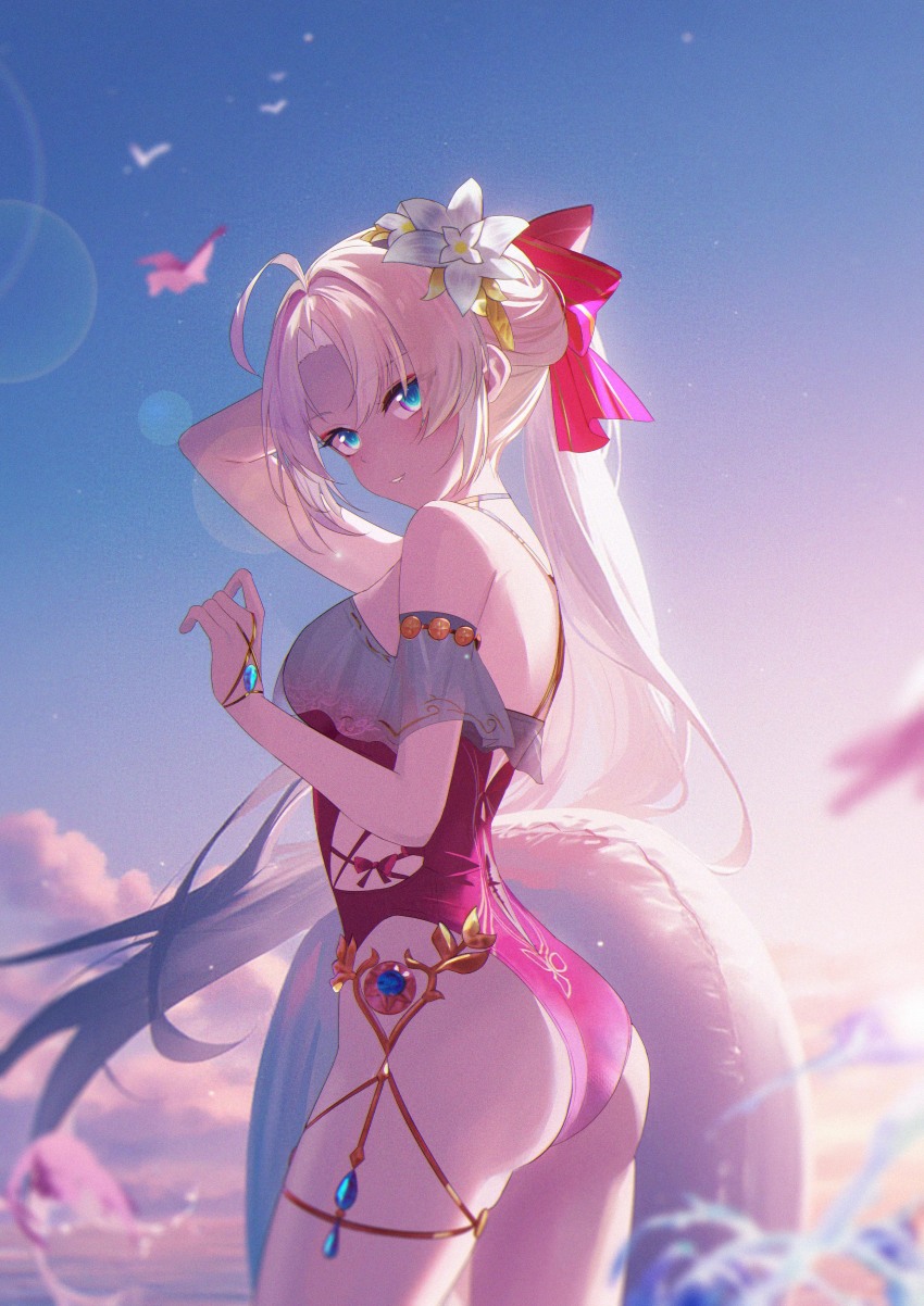 1girl absurdres ahoge aqua_eyes ass back_cutout bare_shoulders blurry blurry_foreground bow breasts carlotta_(splashing_summer)_(wuthering_waves) carlotta_(wuthering_waves) casual_one-piece_swimsuit clothing_cutout cloud cloudy_sky commentary cowboy_shot dawn film_grain frilled_one-piece_swimsuit frills hair_bow highres holding holding_swim_ring innertube jiang_ye_kiri long_hair looking_at_viewer medium_breasts ocean official_alternate_costume one-piece_swimsuit outdoors parted_bangs parted_lips pink_bow pink_one-piece_swimsuit sky smile solo swim_ring swimsuit tacet_mark_(wuthering_waves) very_long_hair white_hair wuthering_waves