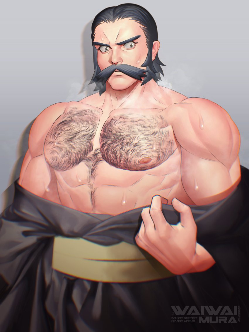 1boy abs absurdres artist_logo bara bare_pectorals bare_shoulders beard biceps black_hair black_kimono blurry blush brown_eyes chest_hair closed_mouth depth_of_field facial_hair frown highres japanese_clothes kamado_(pokemon) kimono large_pectorals logo looking_down male_focus mature_male mustache nintendo nipples partially_undressed pectorals pokemon pokemon_legends:_arceus sash short_hair sideburns simple_background solo breath sweatdrop thick_eyebrows undressing upper_body waiwai_mura yellow_sash