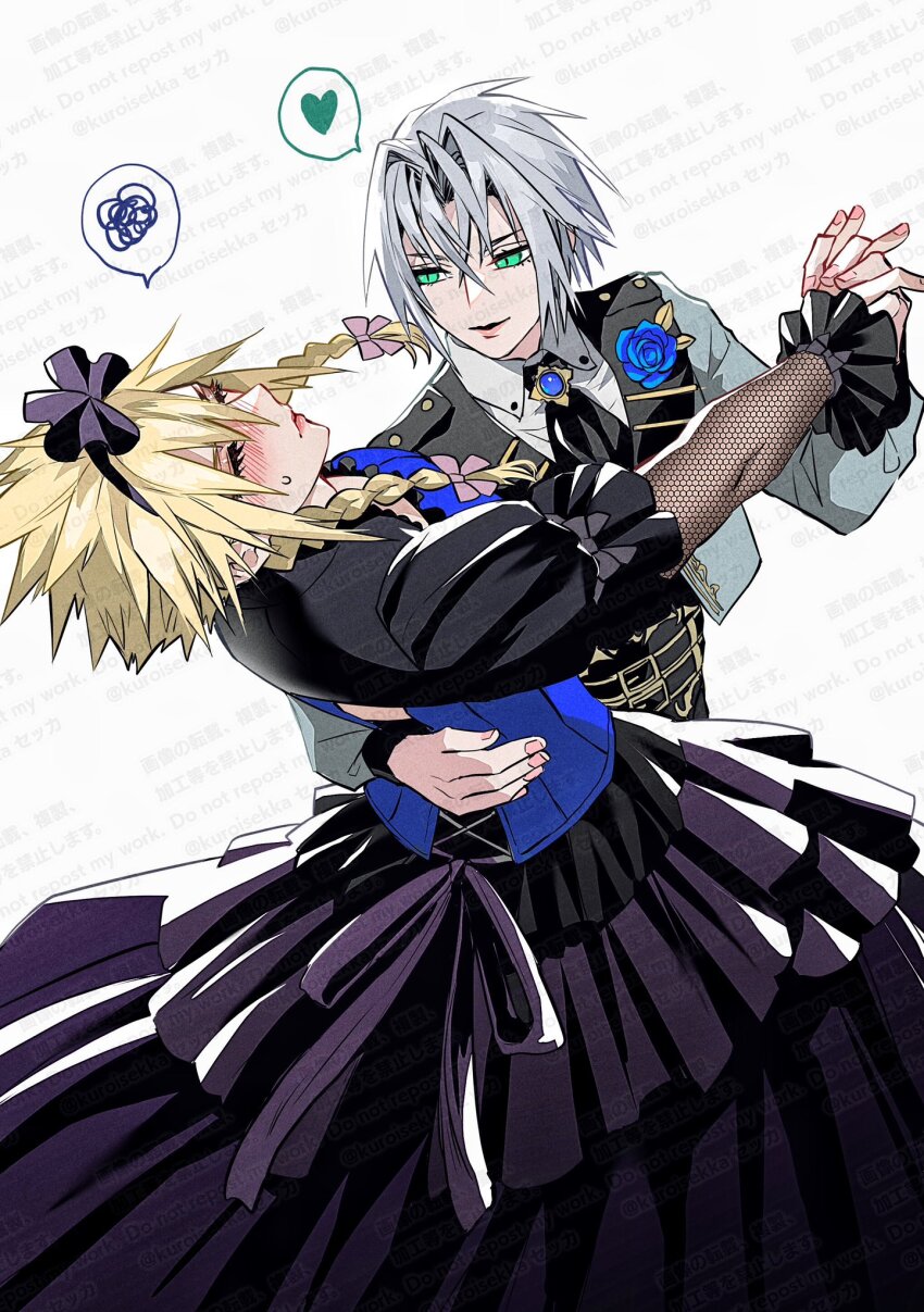 2boys arm_around_waist ascot black_ascot black_bow black_dress black_hairband blue_corset blue_flower blue_gemstone blue_rose blush bow braid closed_eyes closed_mouth cloud_strife cloud_strife_(blue_dress) collared_shirt corset cropped_jacket crossdressing dancing dip_(dance_move) dress final_fantasy final_fantasy_vii final_fantasy_vii_ever_crisis final_fantasy_vii_remake fishnet_sleeves fishnets flower gem green_eyes grey_hair grey_jacket hair_between_eyes hair_bow hairband heart highres holding_hands interlocked_fingers jacket kuroisekka long_dress long_hair male_focus multiple_boys official_alternate_costume parted_bangs pink_bow puffy_short_sleeves puffy_sleeves rose sephiroth sephiroth_(blue_bramble) sephiroth_(dark_attire) sephiroth_(ever_crisis) shirt short_hair short_sleeves slit_pupils smile spiked_hair spoken_heart spoken_squiggle squiggle suit_jacket sweatdrop twin_braids white_shirt yaoi