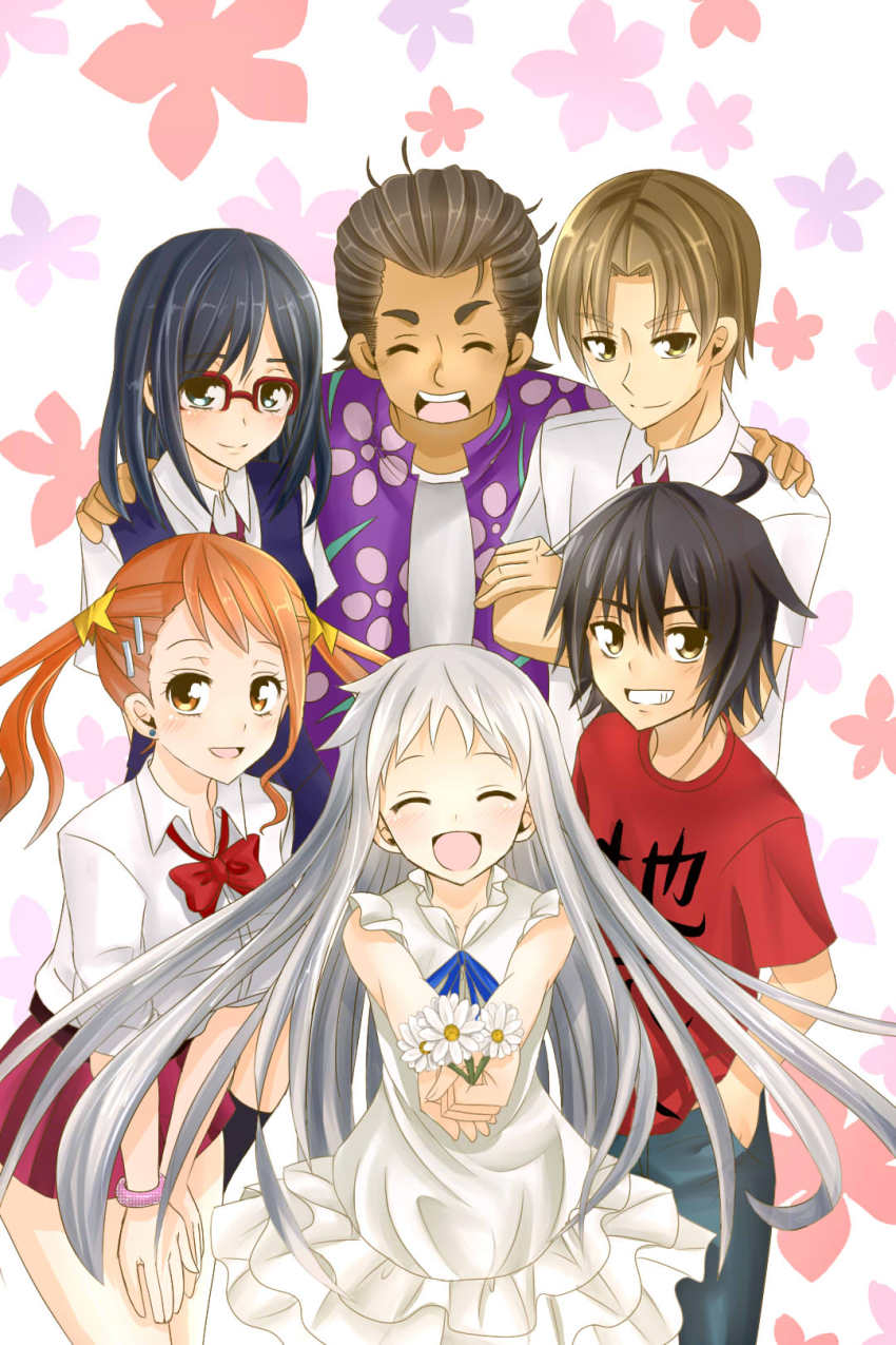 10s 3boys 3girls aishuu anjou_naruko ano_hi_mita_hana_no_namae_wo_bokutachi_wa_mada_shiranai. casual highres hisakawa_tetsudou honma_meiko long_hair matsuyuki_atsumu multiple_boys multiple_girls school_uniform short_hair sleeves_rolled_up tsurumi_chiriko yadomi_jinta