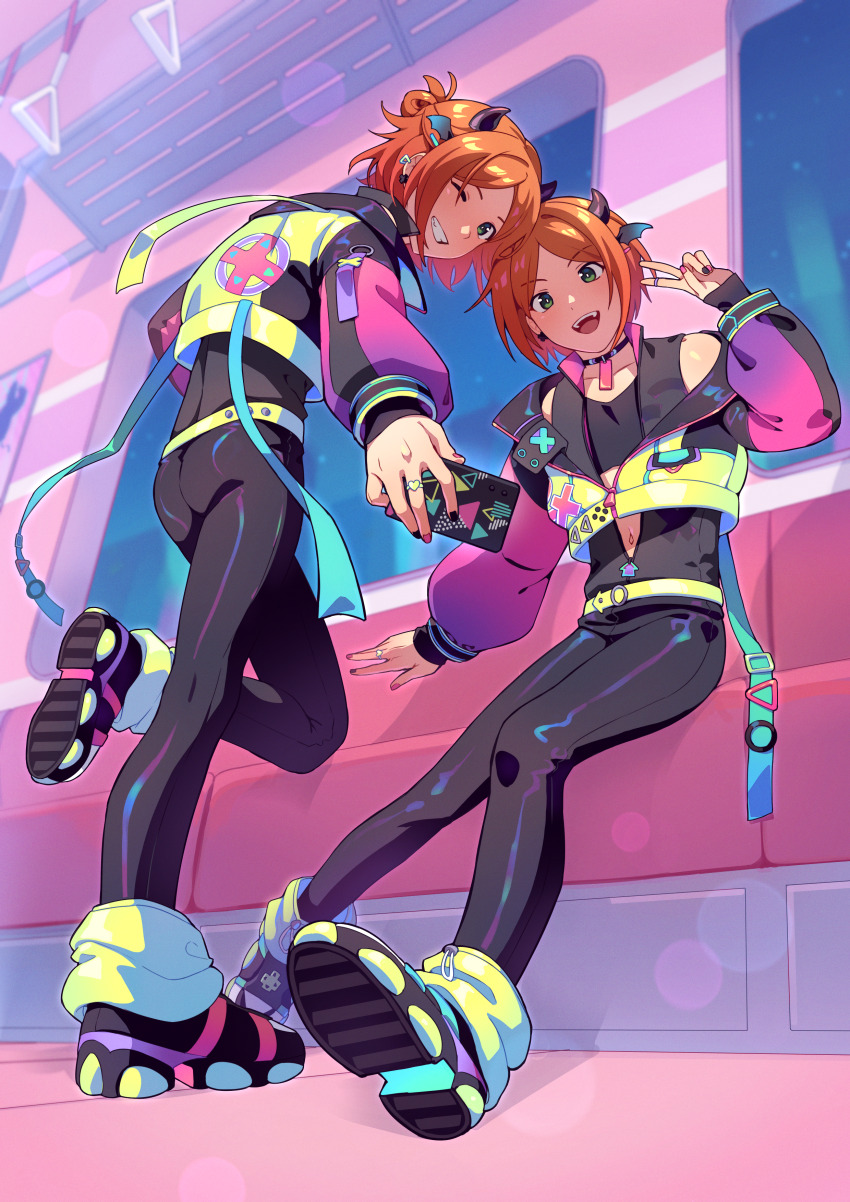 2boys absurdres against_chair aoi_hinata aoi_yuta ass bare_shoulders bat_wings belt bishounen black_choker black_horns black_leggings black_shirt blurry bokeh bright_pupils brothers cellphone choker cropped_jacket depth_of_field ear_piercing ensemble_stars! folded_ponytail foreshortening from_below gradient_sleeves green_belt green_eyes green_jacket grin hair_ornament hand_up head_tilt heart_ring high-visibility_clothing high-visibility_vest highres holding holding_phone horns jacket jewelry layered_sleeves leggings long_sleeves male_focus matching_outfits mini_wings multicolored_nails multiple_boys navel nifffi night night_sky one_eye_closed open_mouth orange_hair outstretched_arm partially_unzipped phone piercing pink_nails pink_sleeves puffy_long_sleeves puffy_sleeves purple_sleeves ring selfie shirt short_hair siblings skindentation sky sleeveless sleeveless_shirt sleeves_past_wrists small_horns smartphone smile standing standing_on_one_leg teeth train_interior twins two-tone_sleeves v white_pupils window wing_hair_ornament wings zipper