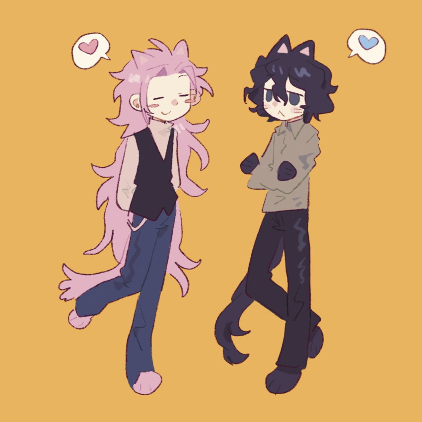 2boys :&lt; =_= animal_ears animal_feet animal_hands arms_behind_back black_hair black_pants black_vest blue_pants blush_stickers cat_boy cat_ears cat_paws cat_tail chinese_commentary closed_eyes closed_mouth collared_shirt commentary_request crossed_arms frown full_body grey_shirt grey_sweater hair_between_eyes hatsutori_hajime heart highres jitome kemonomimi_mode long_hair male_focus multiple_boys orange_background pants pink_hair saibou_shinkyoku shirt short_hair simple_background smile speech_bubble spoken_heart sweater tail turtleneck turtleneck_sweater utsugi_noriyuki very_long_hair vest zheng_dan_zhu_shousi